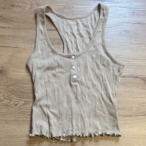 Ribbed Button-Front Racerback Tank Top - Beige